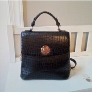 Moda Luxe Elegant Black Croc-Embossed Handbag Backpack Purse Like New